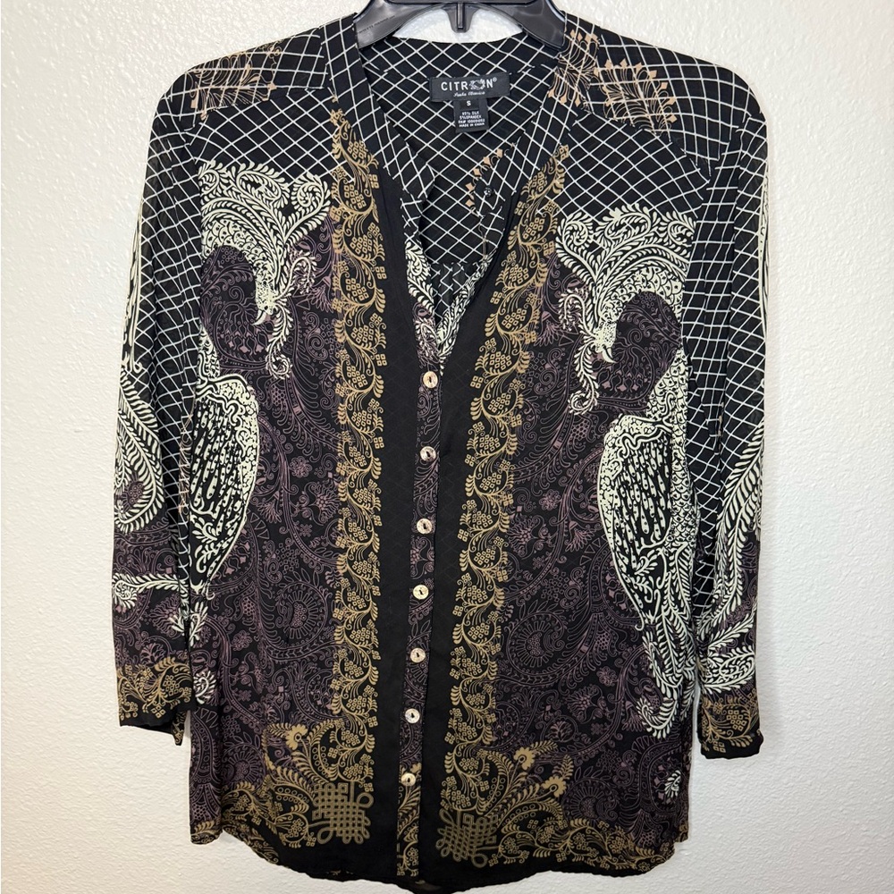 Citron Santa Monica Silk Shirt Blouse Top beaded